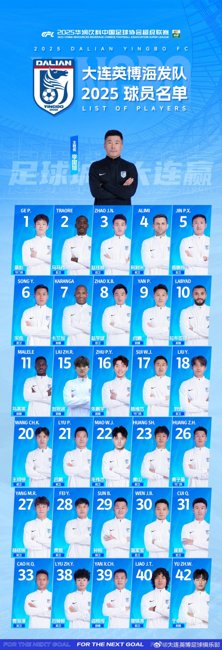 大連英博一線隊(duì)名單：10號(hào)拉布亞德領(lǐng)銜五外援，共30名球員入選