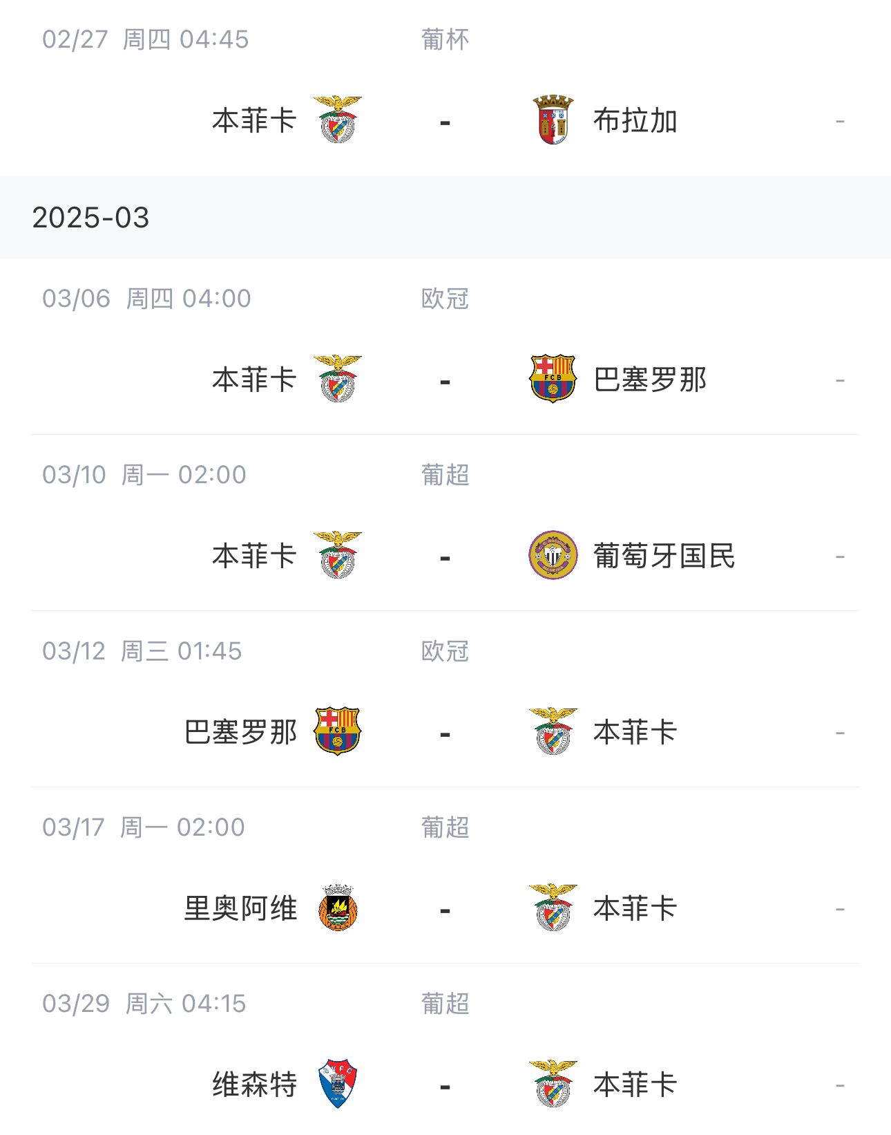 讓路歐冠！本菲卡戰(zhàn)巴薩首回合比賽前的葡超比賽推遲進(jìn)行