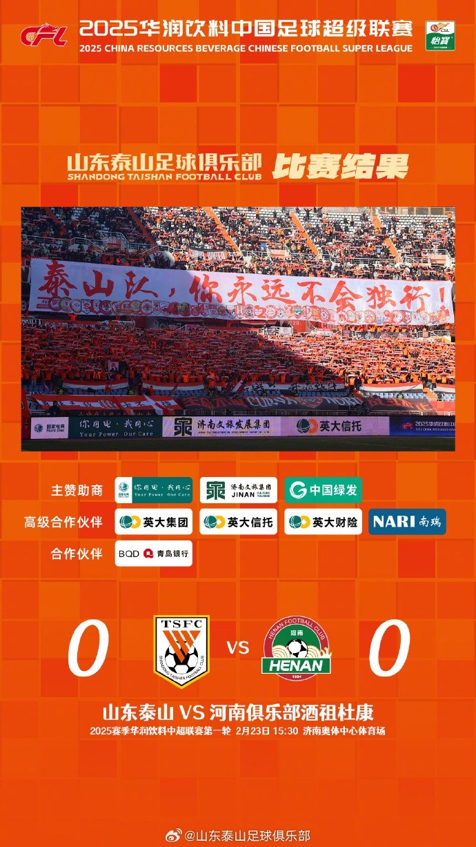 中超首戰(zhàn)，泰山隊(duì)雖未取勝，但全隊(duì)展現(xiàn)出了頑強(qiáng)的拼搏精神