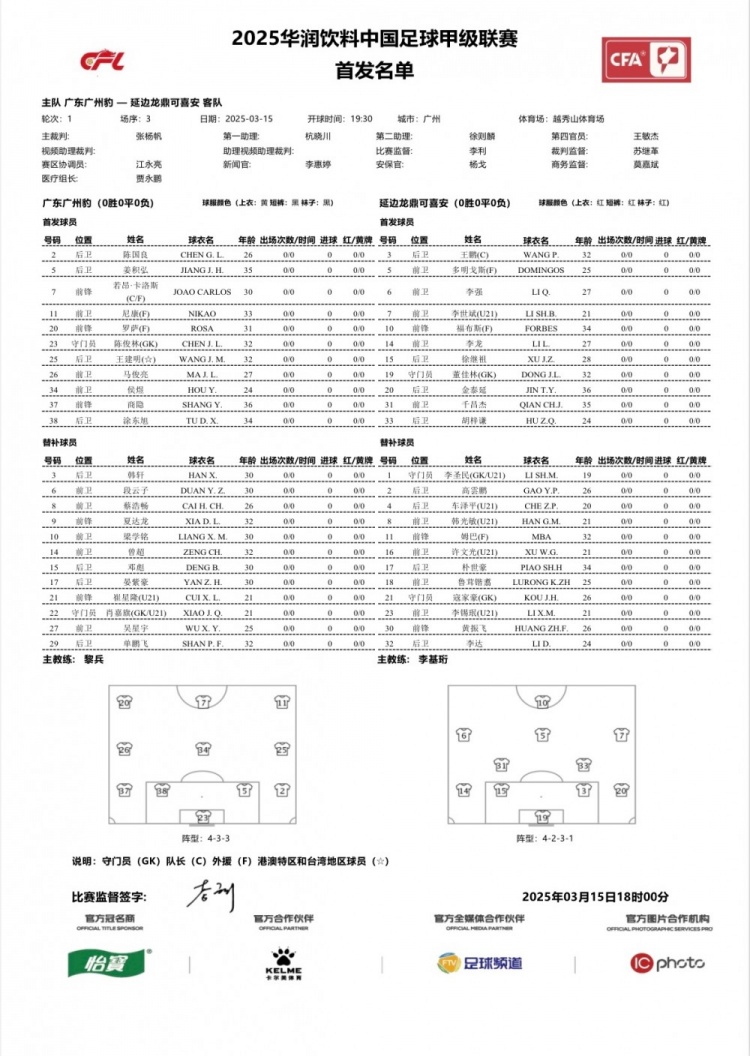 廣州豹vs延邊龍鼎首發(fā)：卡洛斯、羅薩、尼康三外援領(lǐng)銜廣州豹