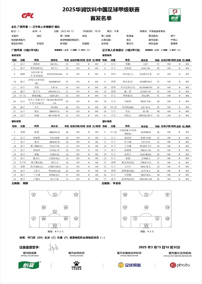 中甲-廣西平果vs遼寧鐵人首發(fā)：三外援對(duì)決三外援，安以恩出戰(zhàn)