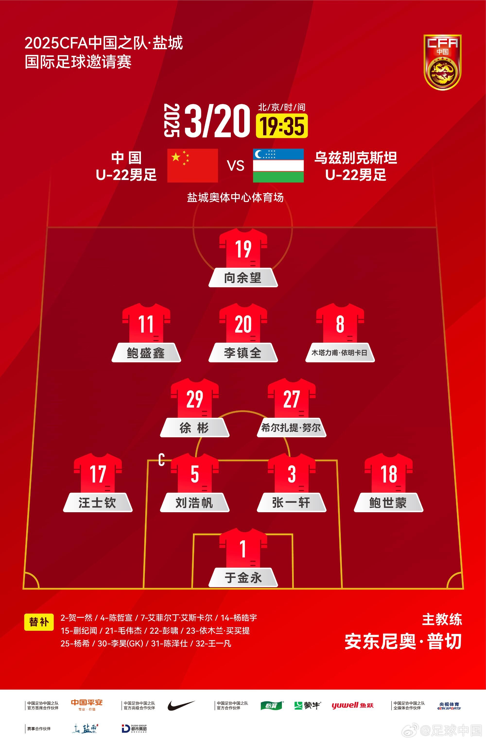 中國U-22男足VS烏茲別克斯坦U-22男足，中國隊首發(fā)名單出爐