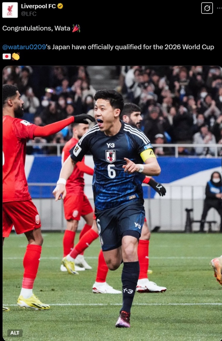 利物浦官推曬遠(yuǎn)藤航照片，祝賀其隨日本隊提前晉級世界杯